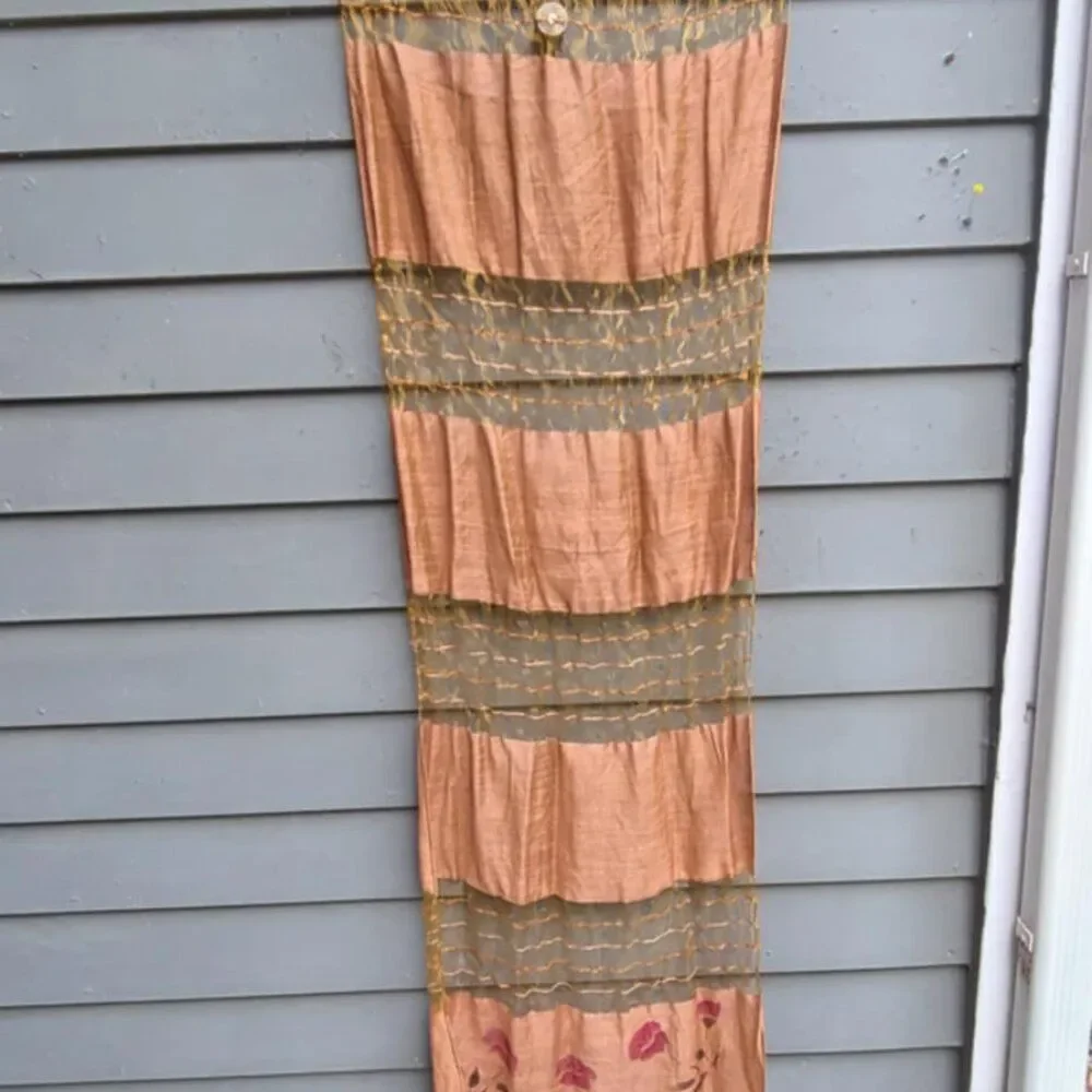 Raw Silk Feel Brown Scarf with Flowers